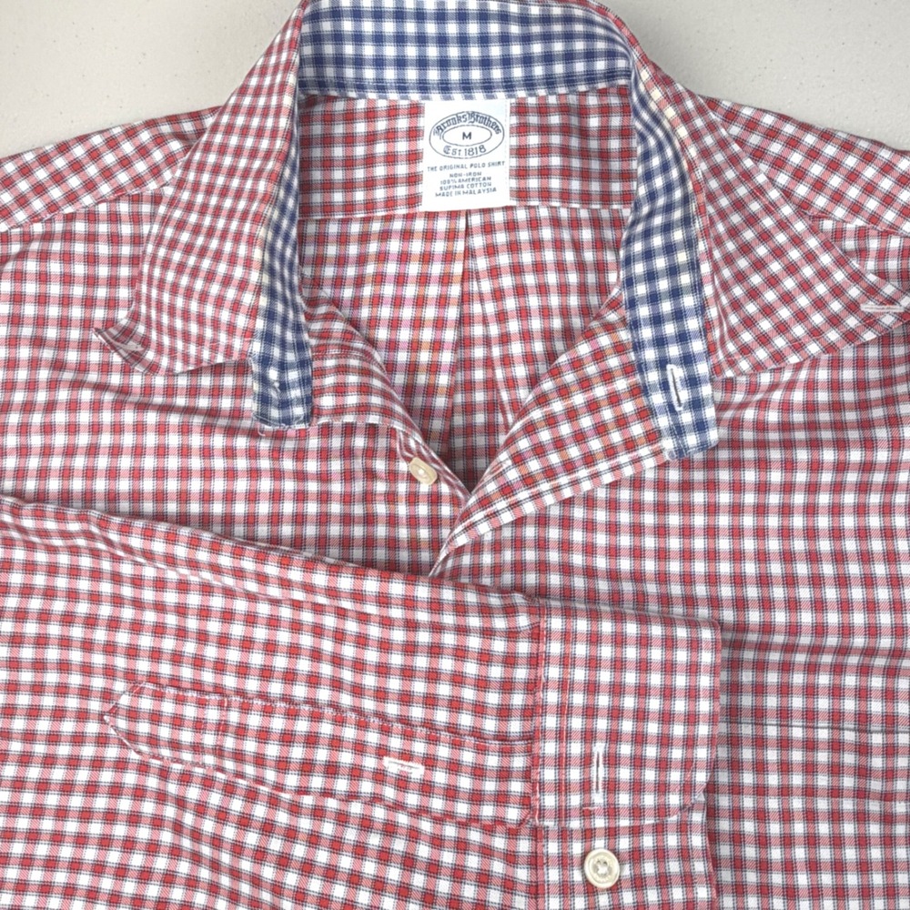 Brooks Brothers Mens Medium Red Gingham Non-Iron Supima Cotton Button Down Shirt